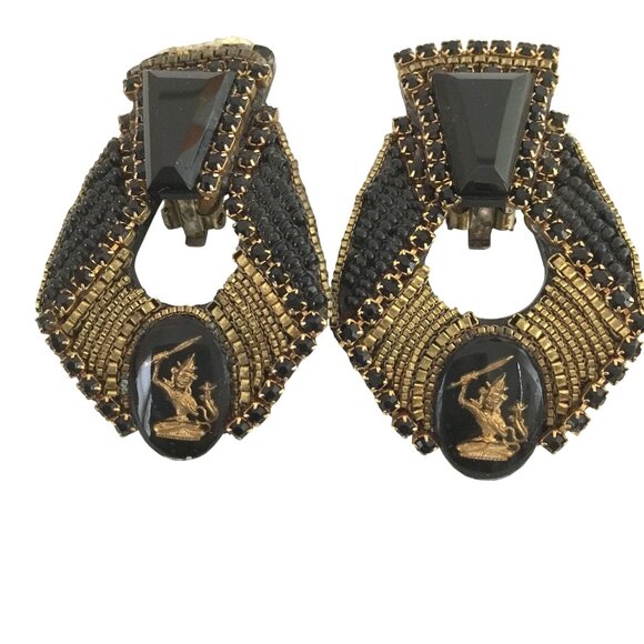 VTG Hansen Design Signed 87 Women Black Cabochon Mythological Clip-On Earrings - Picture 1 of 8